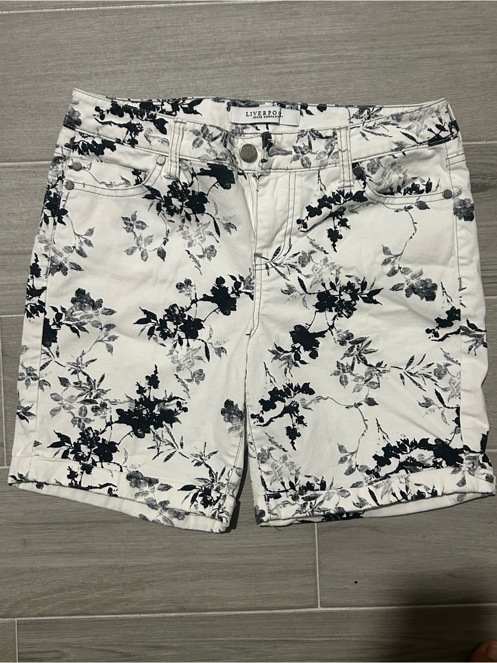 Liverpool Jeans Company White Shorts with Black Floral Print